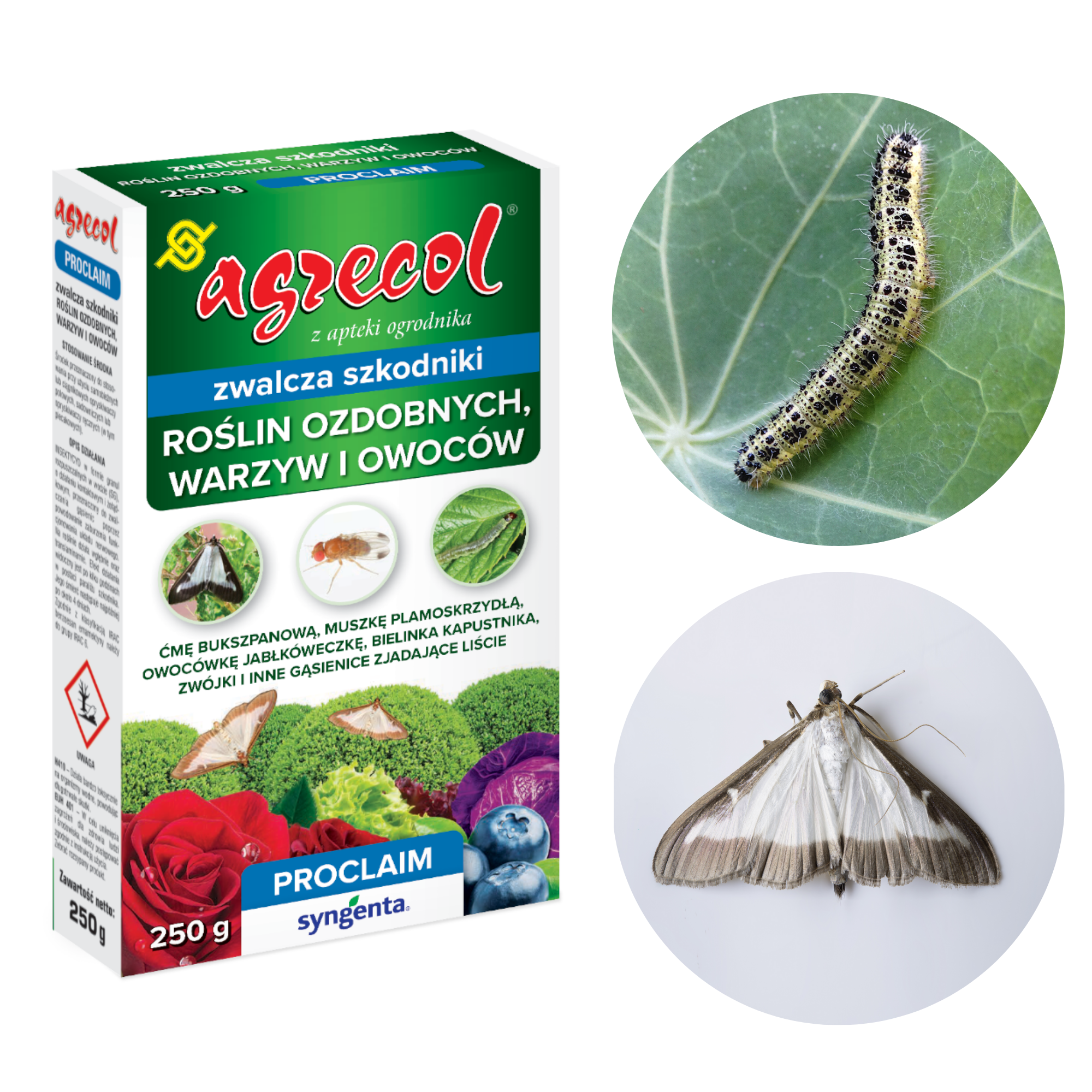 Proclaim 095 SG zwalcza ćmę bukszpanową, muszkę plamoskrzydłą i inne szkodniki 250g - Agrecol